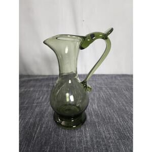 Vintage Olive Green Hand Blown Pitcher JAMESTOWN VIRGINIA Glasshouse 7.5"